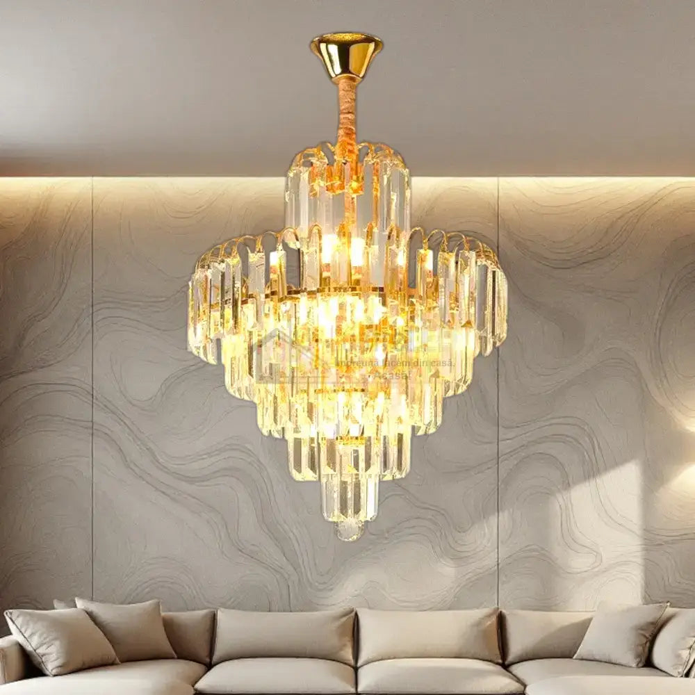 Candelabru Cristal Golden Elegance 5 Becuri E14 si 90cm cu tot cu lant 90CM / CRISTAL / AURIE Chandeliers Crystal