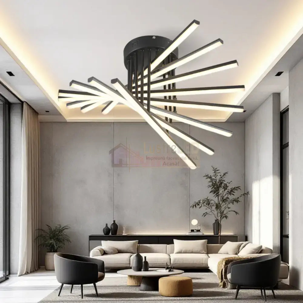 Lustra LED 8 Modern LINES Black Echivalent 400W Telecomanda 7020-8C NEAGRA / 58CM / MINIMALIST DESIGN Lighting Fixtures