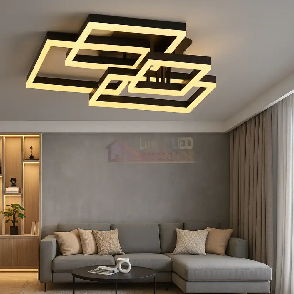 Lustra LED 184W Straight Angles Black Telecomanda Echivalent 800W NEAGRA / SQUARE DESIGN / 70CM Lighting Fixtures