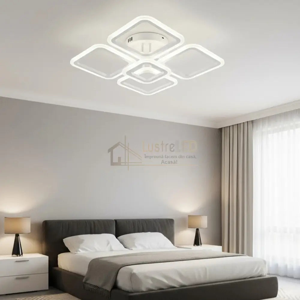 Lustra LED 4 + 1 SQUARE Alb Echivalent 400W Telecomanda ALBA / SQUARE DESIGN Lighting Fixtures