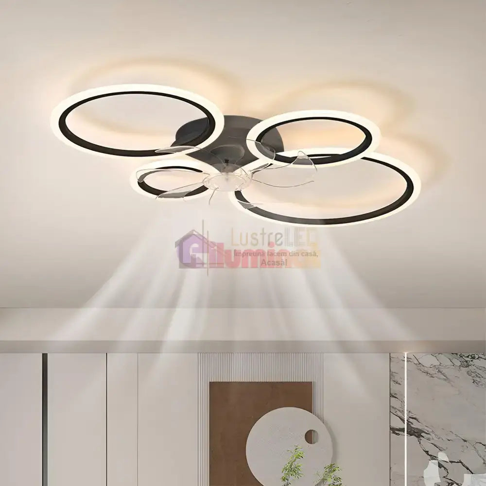 Lustra Led 4 Circle Black Ventilator Si Telecomanda Echivalent 400W Lighting Fixtures