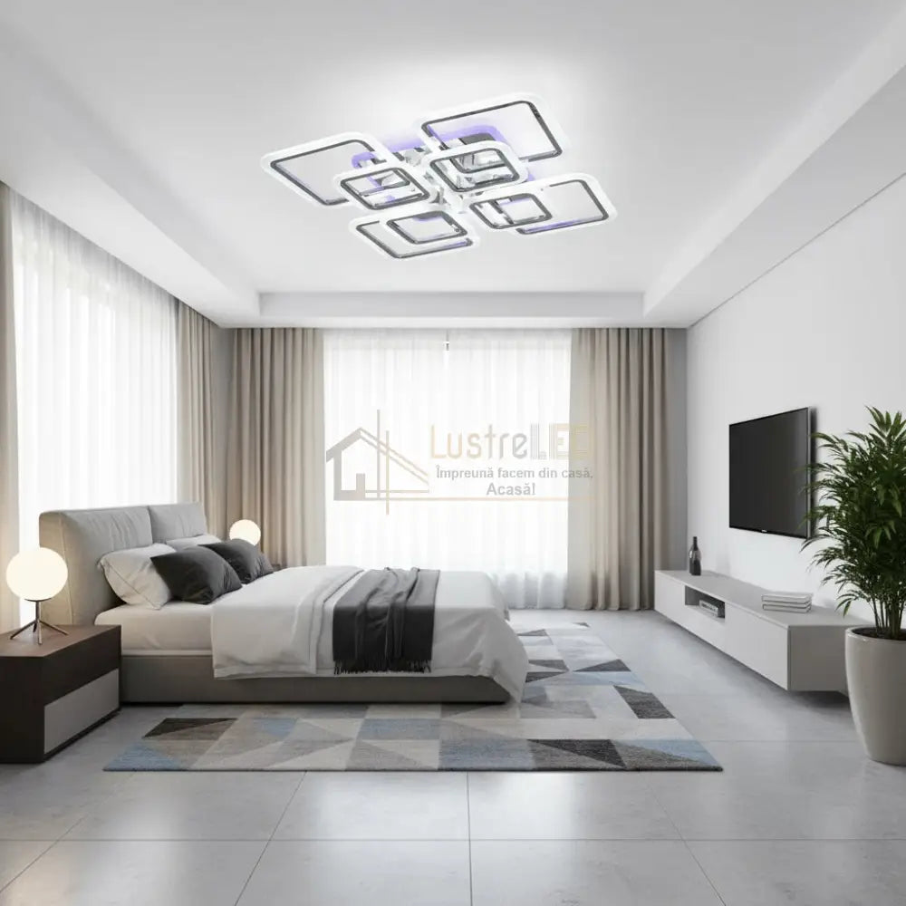 Lustra LED 4 + 4 SQUARE Gigant Silver RGB Echivalent 1200W Telecomanda Lighting Fixtures