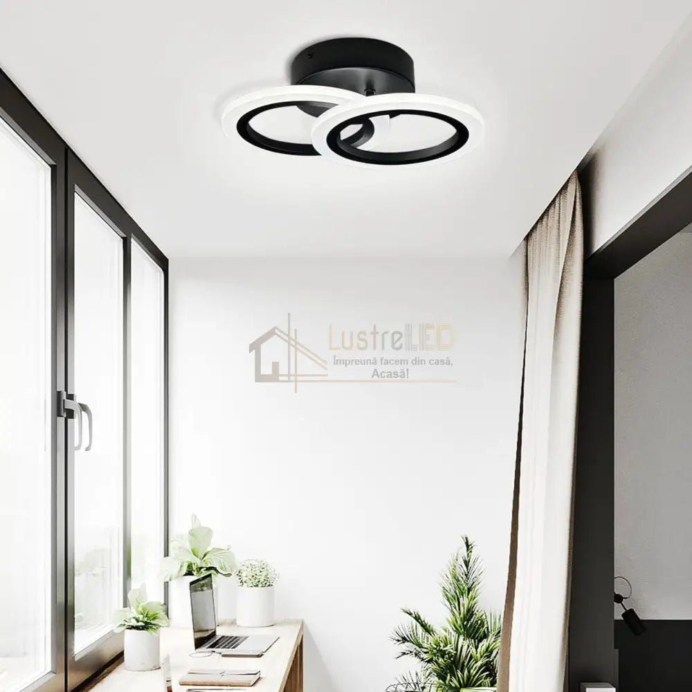 Lustra Led Doua Cercuri Negre Echivalent 250W Telecomanda Lighting Fixtures