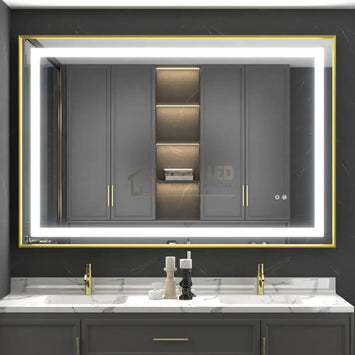 Oglinda Led 100X80Cm Cu Rama Aurie Functie Dezaburire Touch Si Ceas J44