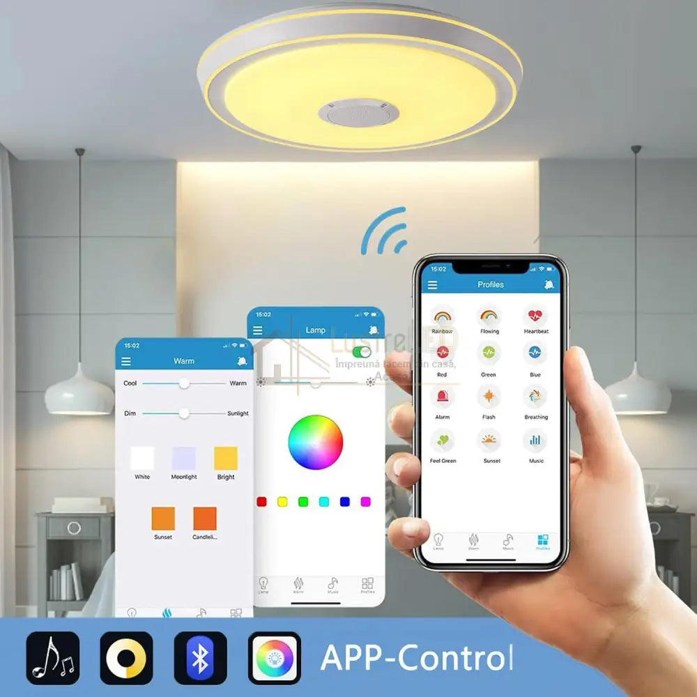 Plafoniera LED SMART 50W RGB + CCT Bluetooth si Telecomanda Echivalent 400W RGBW / PLAFONIERA LED RGB MULTICOLORA CU