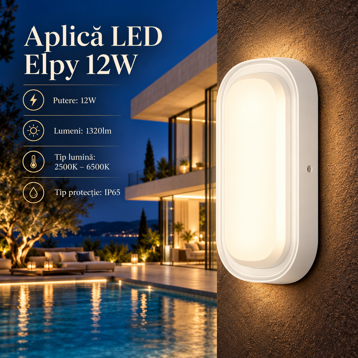 Aplica LED Exterior Elpy White 12W | 1320lm | IP65 | 3 Tipuri de Lumina