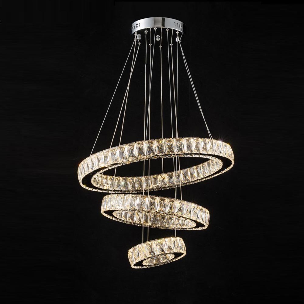 Lustra LED Cristal 3 Segmente Chrome Echivalent 800W, 60+40+20cm, Telecomanda