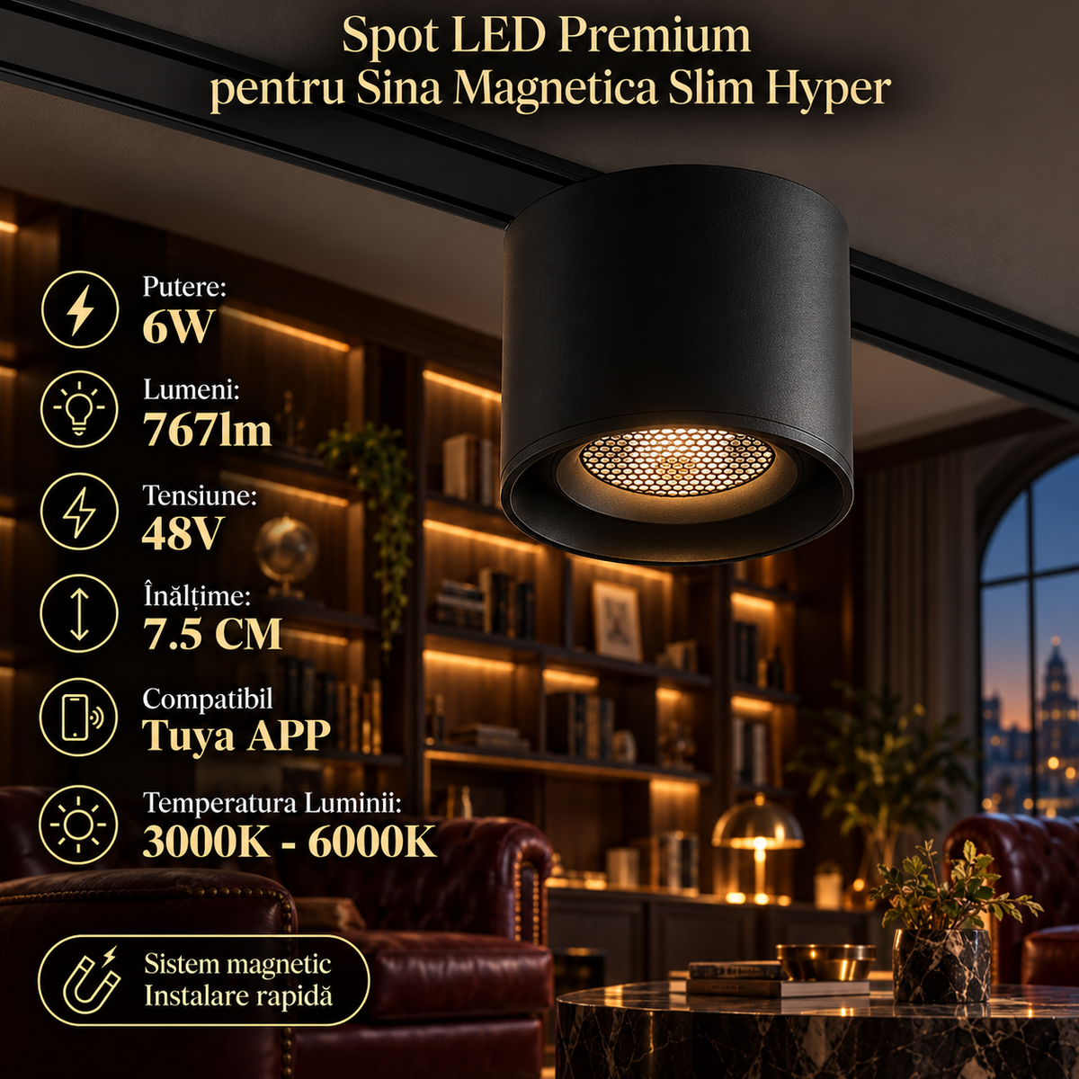 Spot LED Magnetic Rotund Premium Hyper Black 6W | ⌀8CM | 48V | 3 Tipuri de Lumina