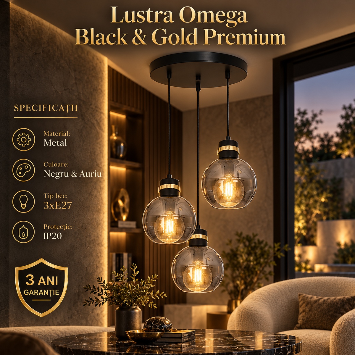 Lustra Abajur Omega Black & Gold Premium