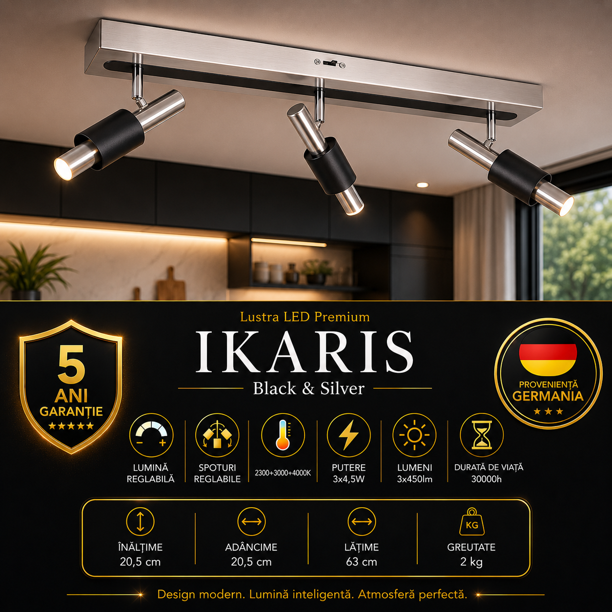 Lustra LED Premium IKARIS Black & Silver cu 3 Spoturi Reglabile