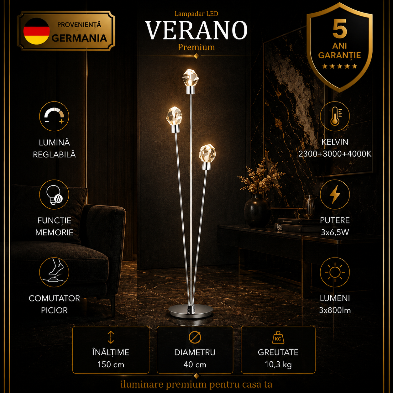 Lampadar LED Premium Verano Silver Crystal 150CM