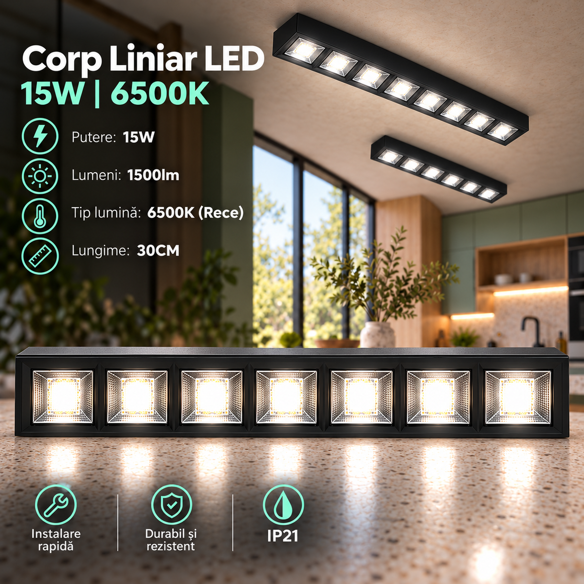 Corp Liniar LED Interconectabil Negru Moura 30CM | 15W | 6500K