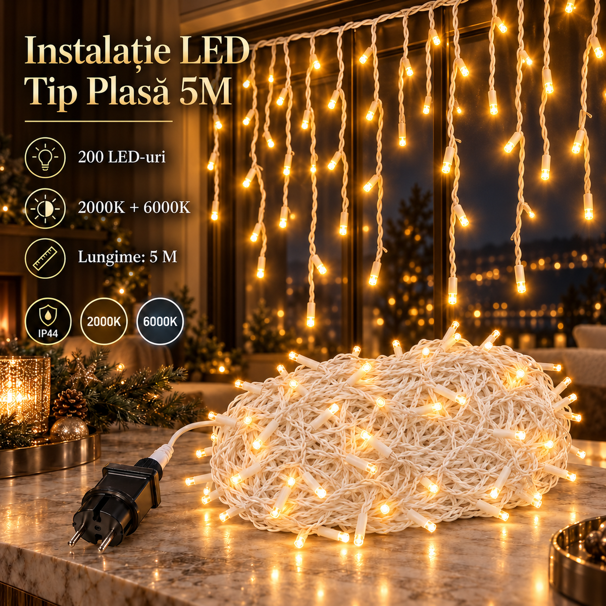 Instalatie LED Perdea 200 LED-uri 5M x 0.7M | IP44 | 2000K + 6000K