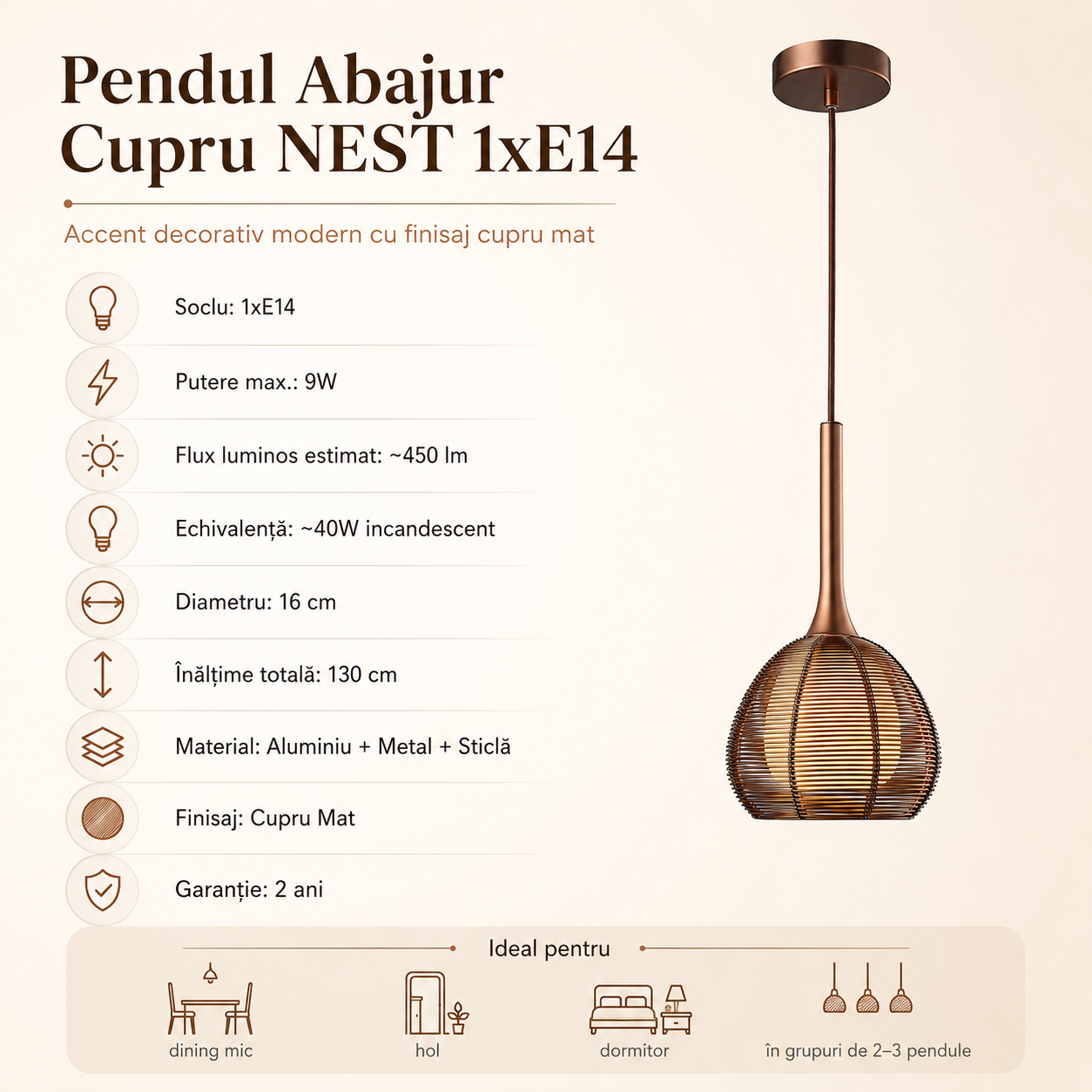 Pendul Unique NEST 1xE14 Bronz