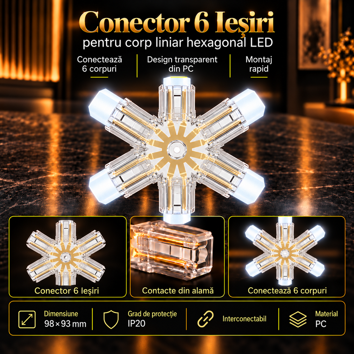 Conector HEGZA Forma Stea pentru 6 x Corp Liniar Hexagonal LED