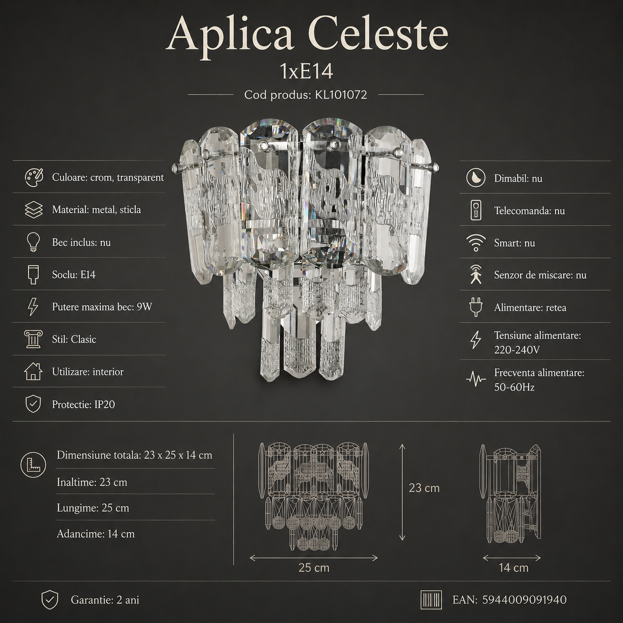 Aplica Perete CELESTE Crom 1xE14 Clasic Elegance