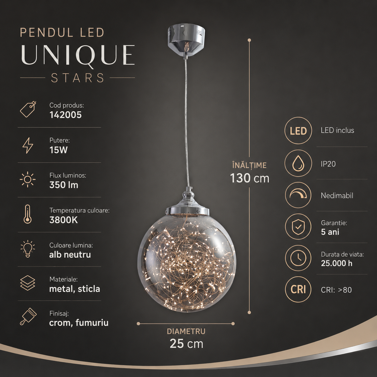 Pendul LED Unique STARS Crom Fumuriu Echivalent 40W