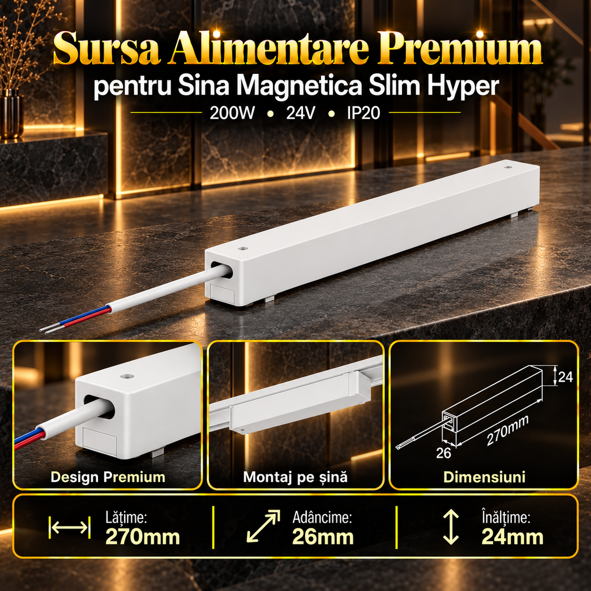 Sursa Alimentare White Premium pentru Sina Magnetica Hyper 200W | 24V | 27CM