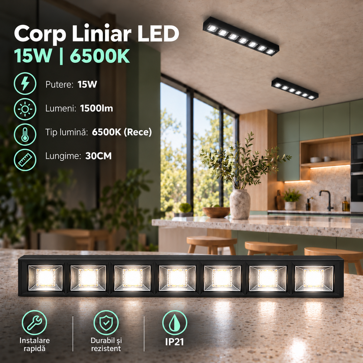 Corp Liniar LED Interconectabil Negru Moura 30CM | 15W | 6500K