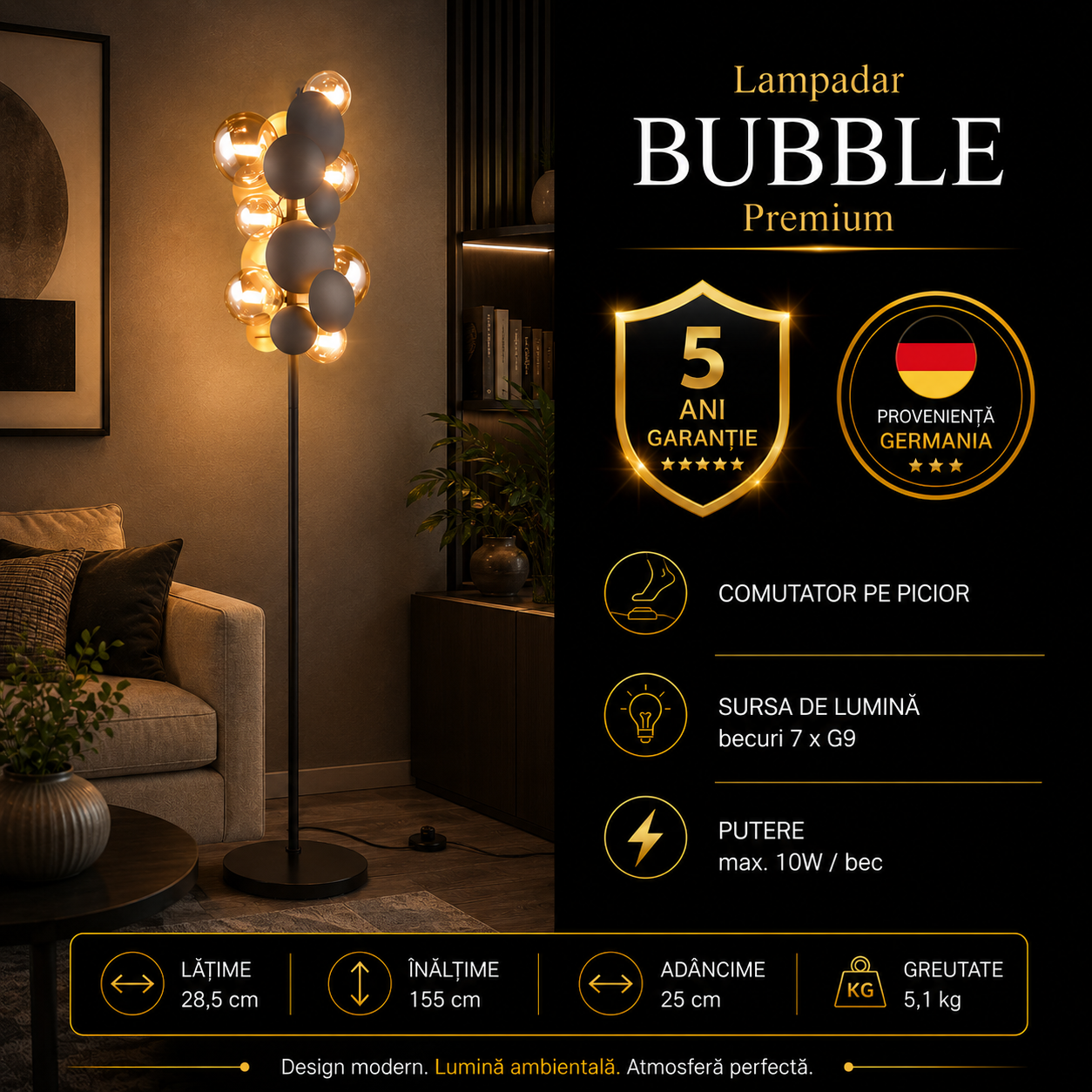 Lampadar Premium Bubble Gold & Grey 7xG9 | 155CM