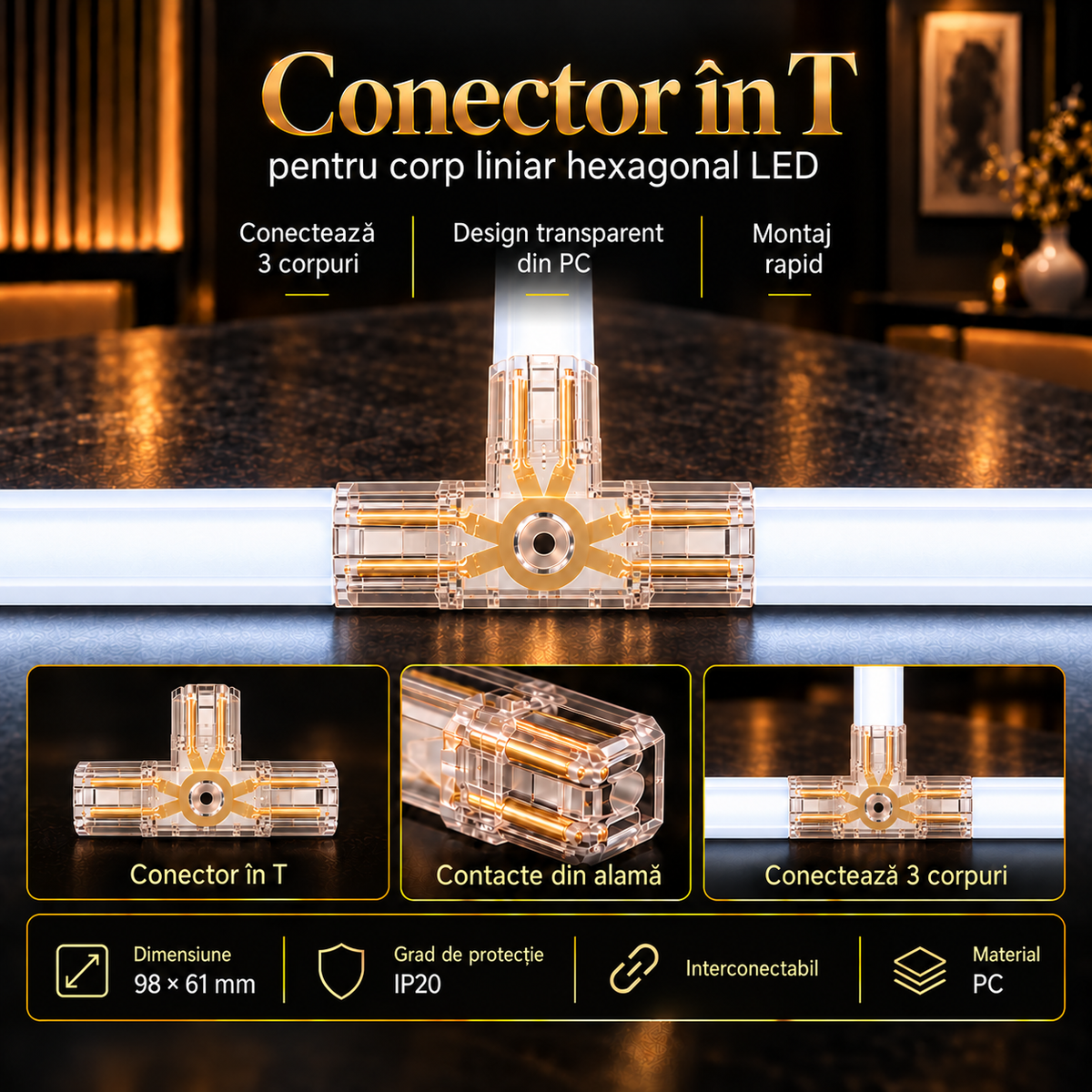Conector HEGZA Forma T pentru 3 x Corp Liniar Hexagonal LED
