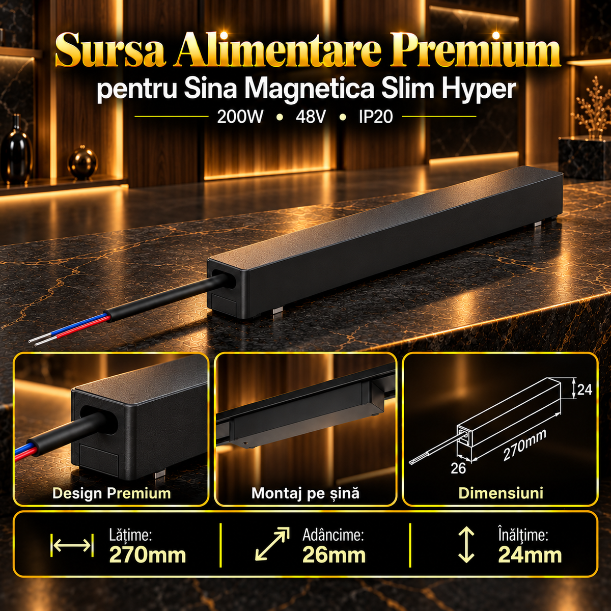 Sursa Alimentare Black Premium pentru Sina Magnetica Hyper 200W | 48V | 27CM