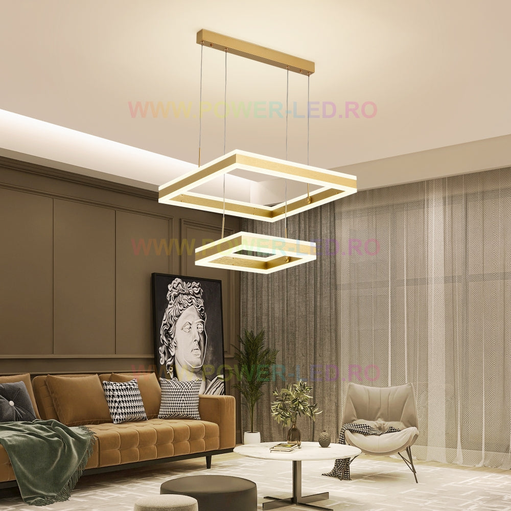Lustra LED 256W CASSANDRA Square Gold Telecomanda Echivalent 800W