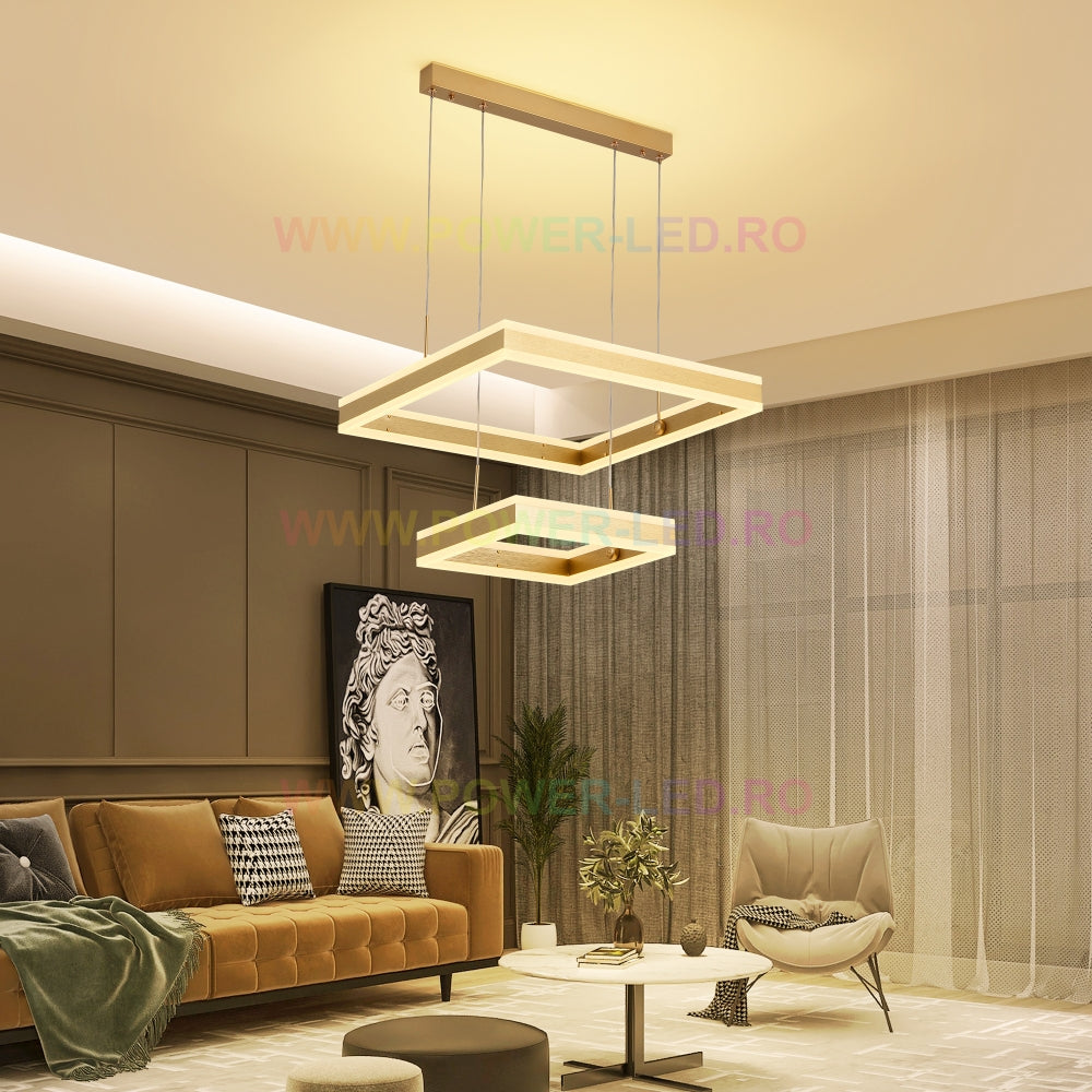 Lustra LED 256W CASSANDRA Square Gold Telecomanda Echivalent 800W