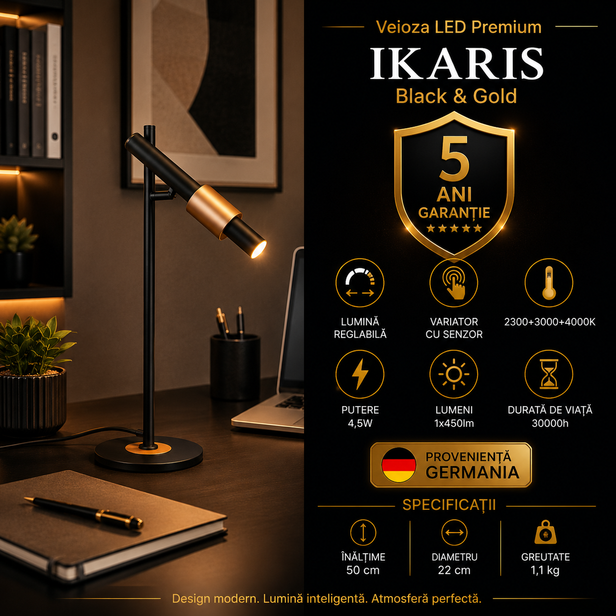 Veioza LED Premium IKARIS Black & Gold 50CM