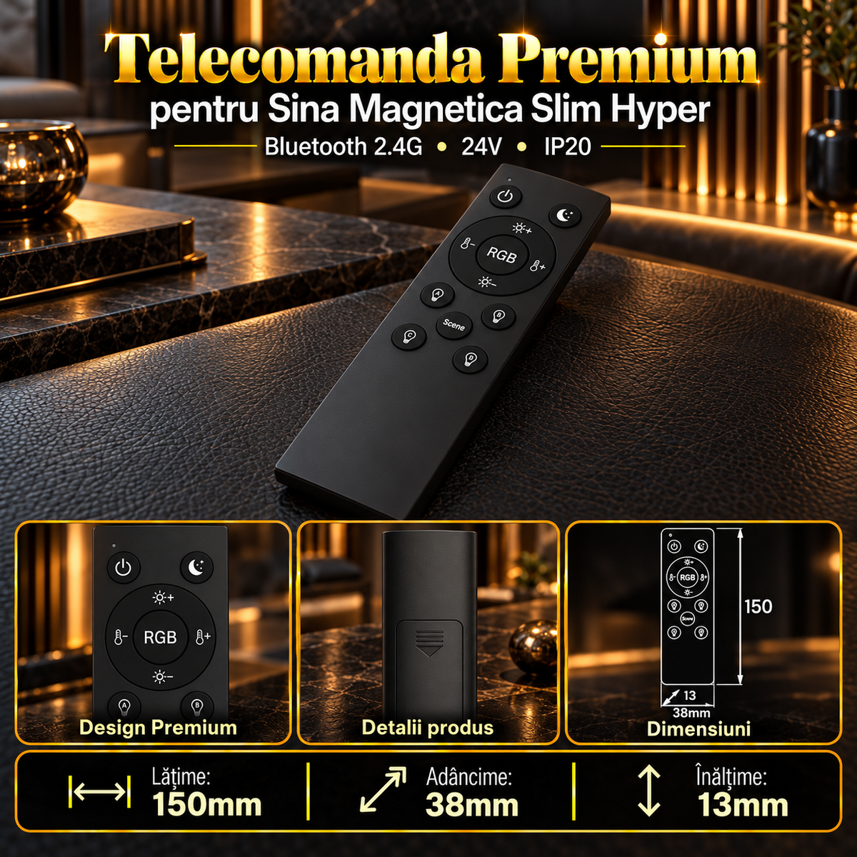 Telecomanda Black Premium pentru Sina Magnetica Hyper Bluetooth 2.4G | 24V | 15CM