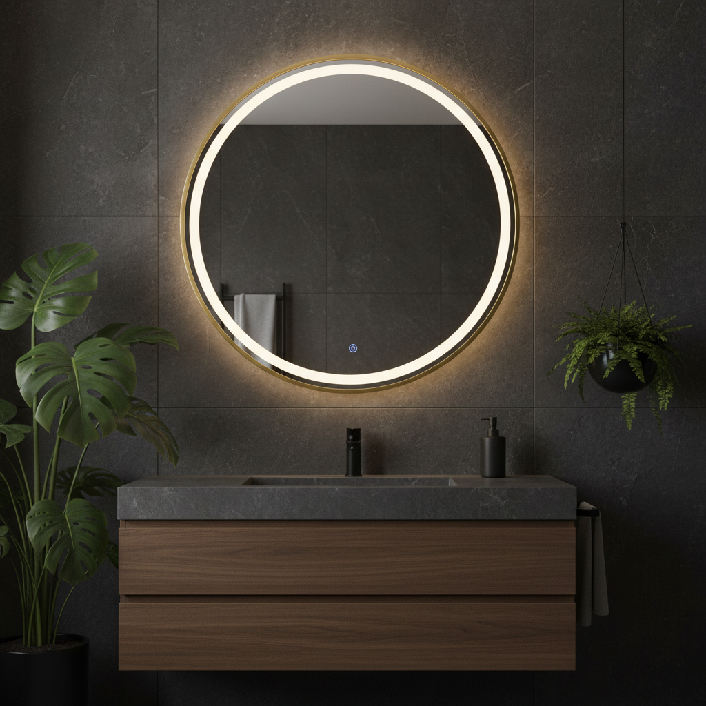Oglinda LED Rotunda Aurie 70cm, 3 Lumini, Dezaburire, DImabila si Touch OD016-Auriu