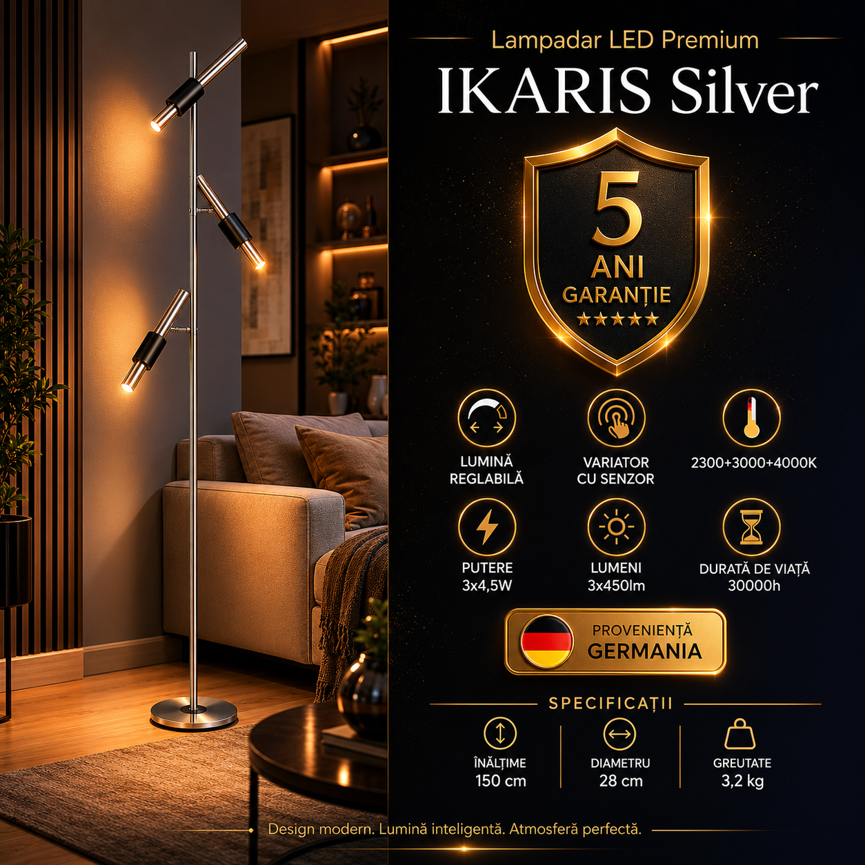 Lampadar LED Premium IKARIS Black & Silver 150CM