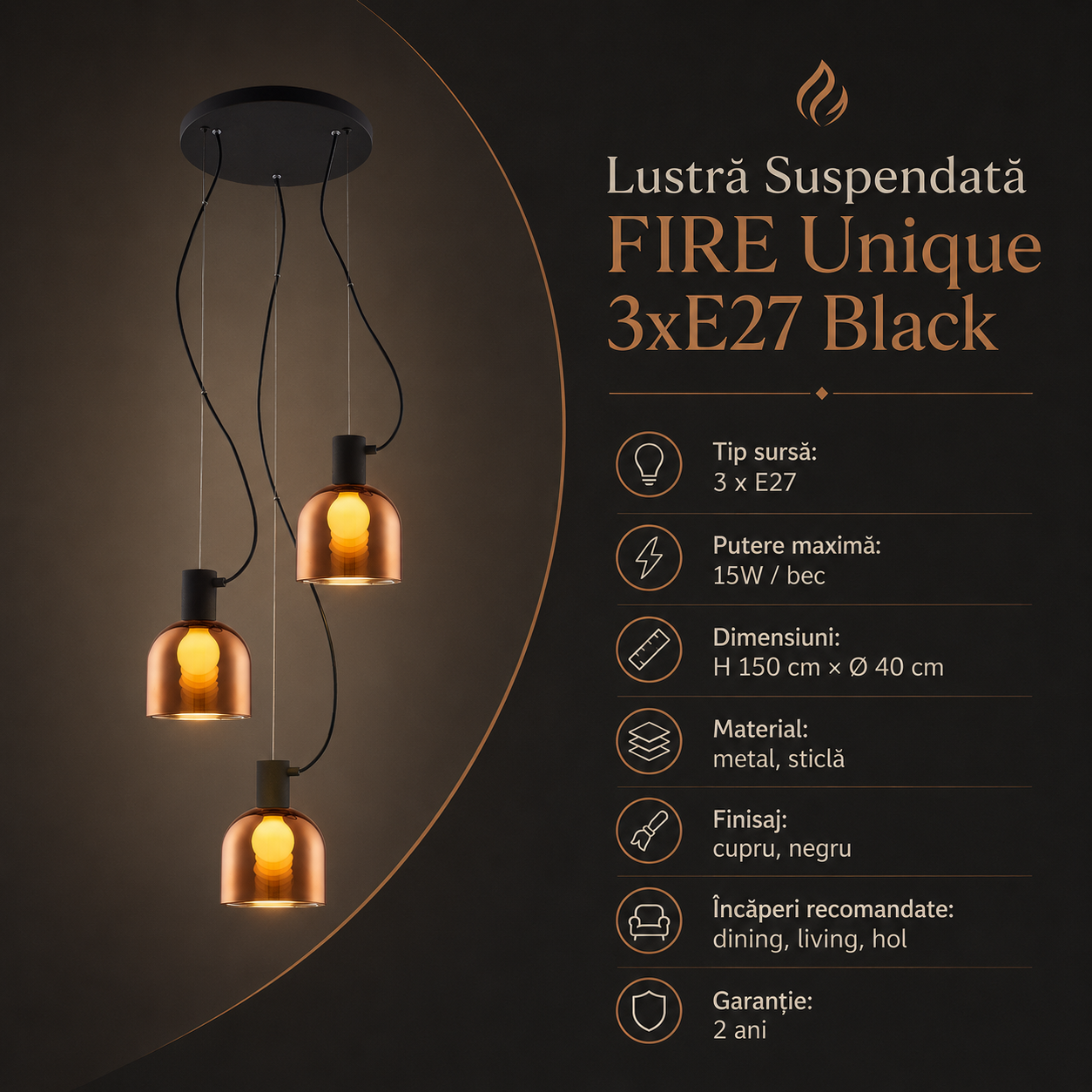 Lustra Suspendata FIRE Unique 3xE27 Black&Copper