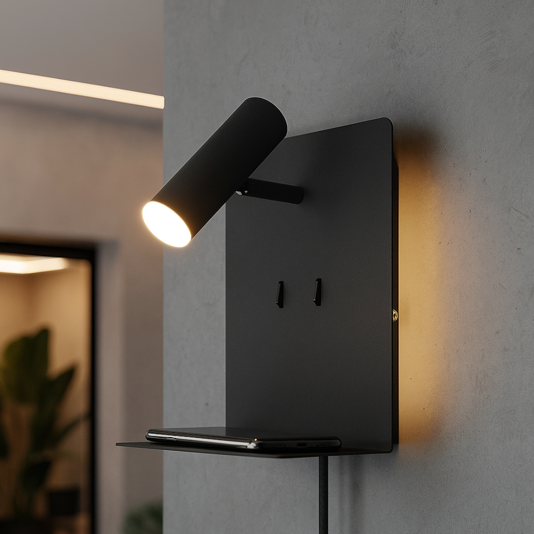 Aplica LED Perete 6W Neagra cu Suport Telefon USB