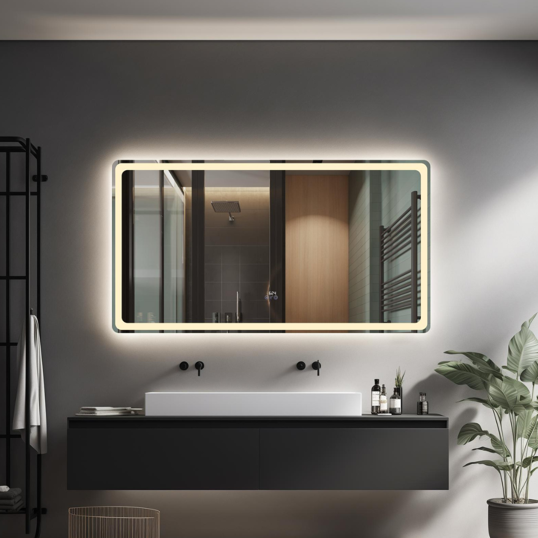 Oglinda LED 150x80CM cu Senzor Radar, 3 Lumini, Touch, Dezaburire, Ceas, Termometru