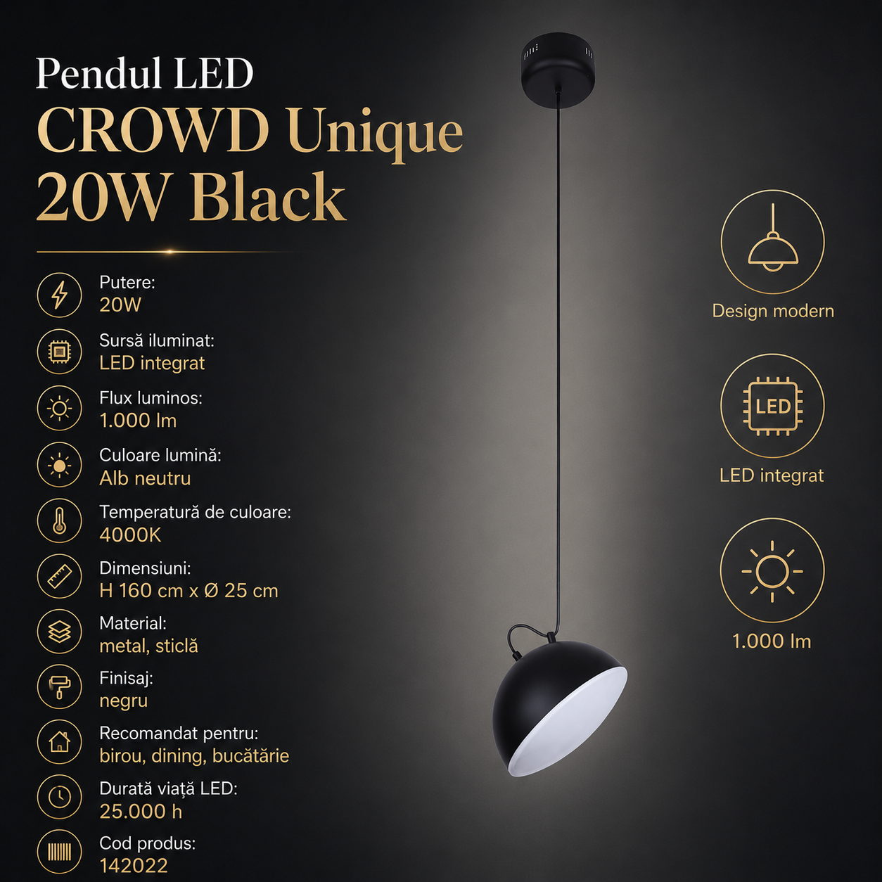 Pendul LED CROWD Unique 20W Black Echivalent 75W
