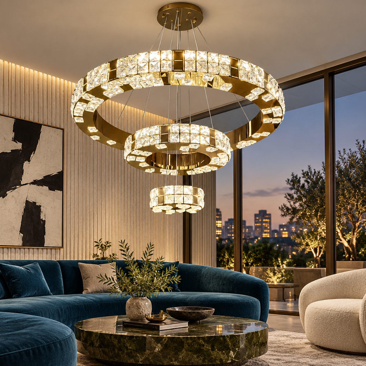 Lustra LED Cristal Gold Royal 3 Segmente Echivalent 1000W Telecomanda