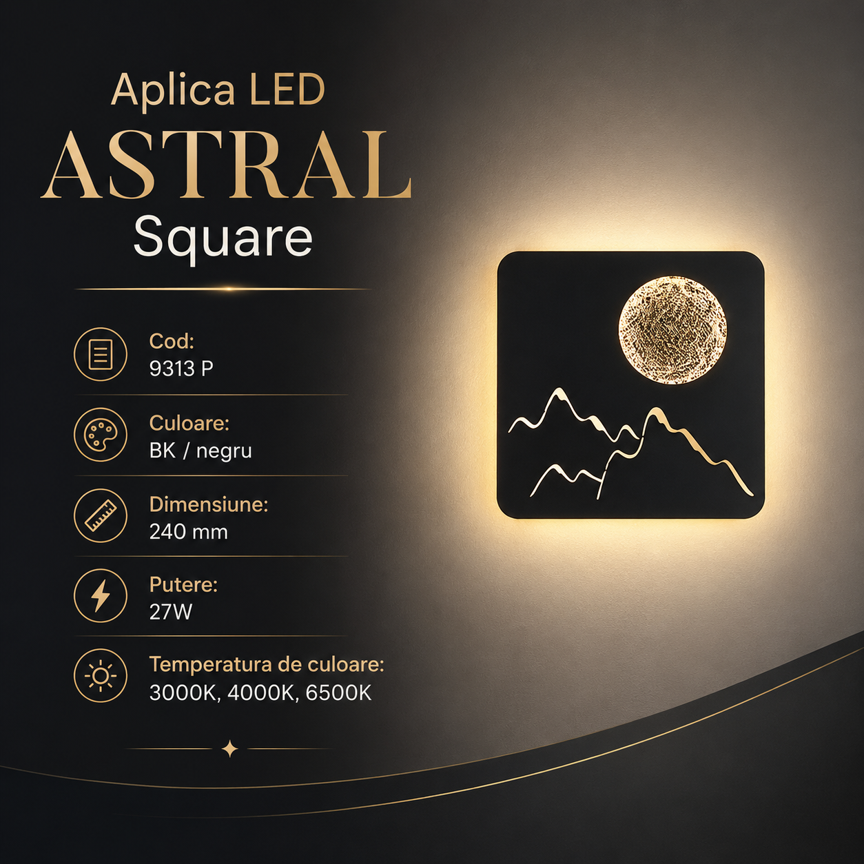 Aplica LED ASTRAL SQUARE Black 3 Lumini Echivalent 135W