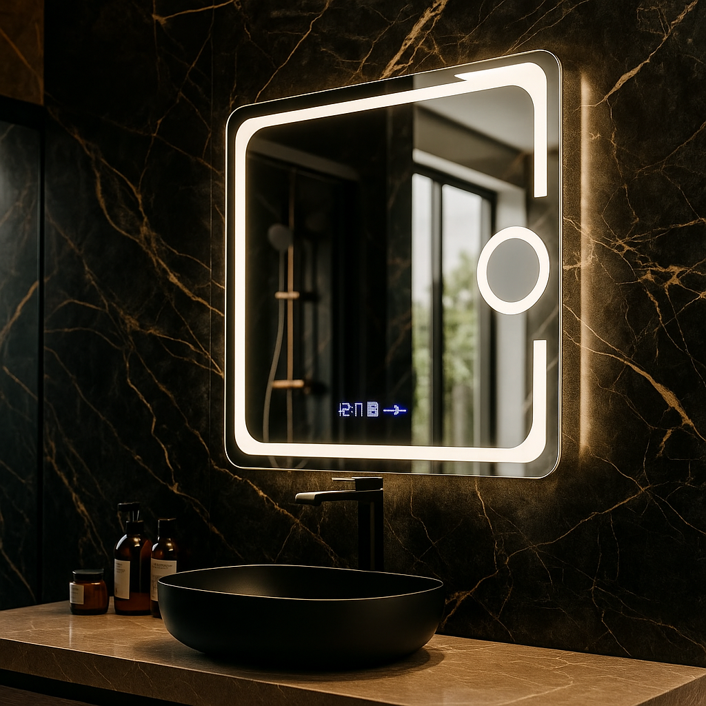 Oglinda LED 80x60cm, SENZOR, 3 Lumini, Dezaburire, Dimare, Ceas si Termometru