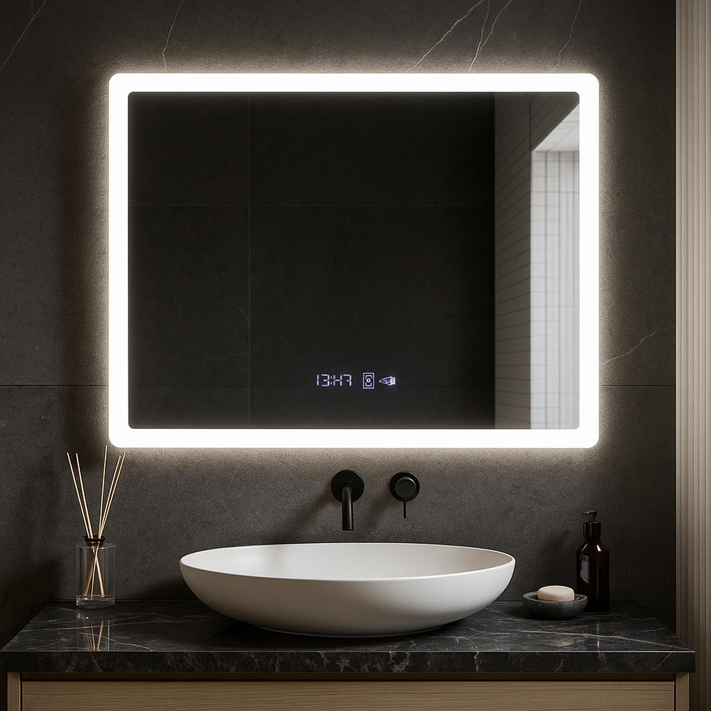 Oglinda LED Obra 80x60cm, SENZOR, 3 Lumini, Dezaburire, Dimare, Ceas si Termometru
