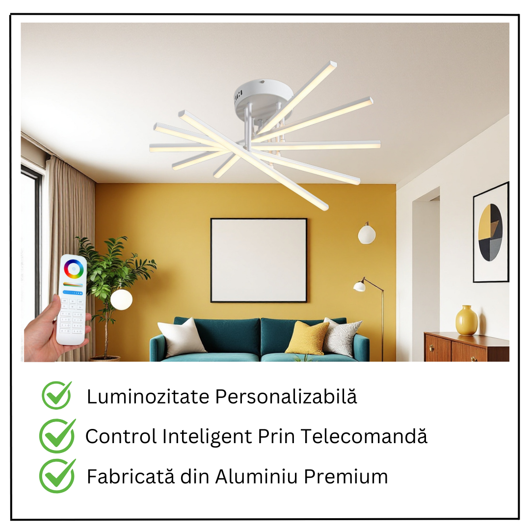 Lustra LED 80W Fano 5 Elemente ALB Echivalent 500W cu Telecomanda