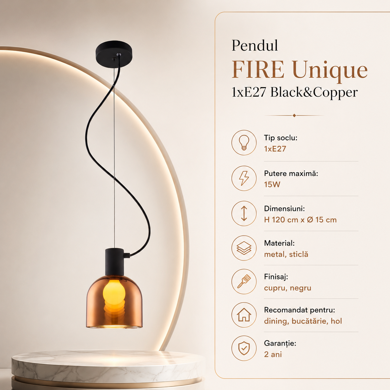 Pendul FIRE Unique 1xE27 Black&Copper