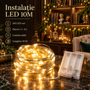 Instalatie LED Liniara 100 LED-uri 10M | 3 Baterii AA | 2700K