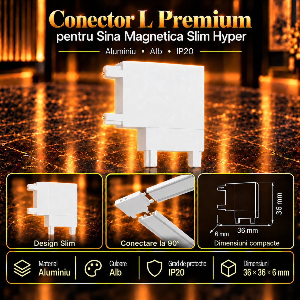 Conector L Premium White pentru Sina Magnetica Hyper