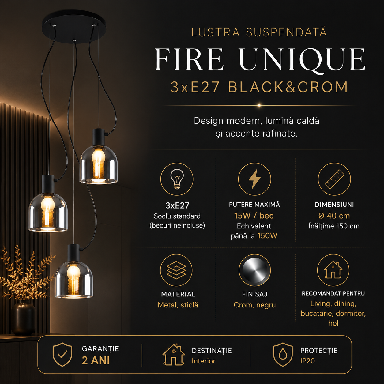 Lustra Suspendata FIRE Unique 3xE27 Black&Crom