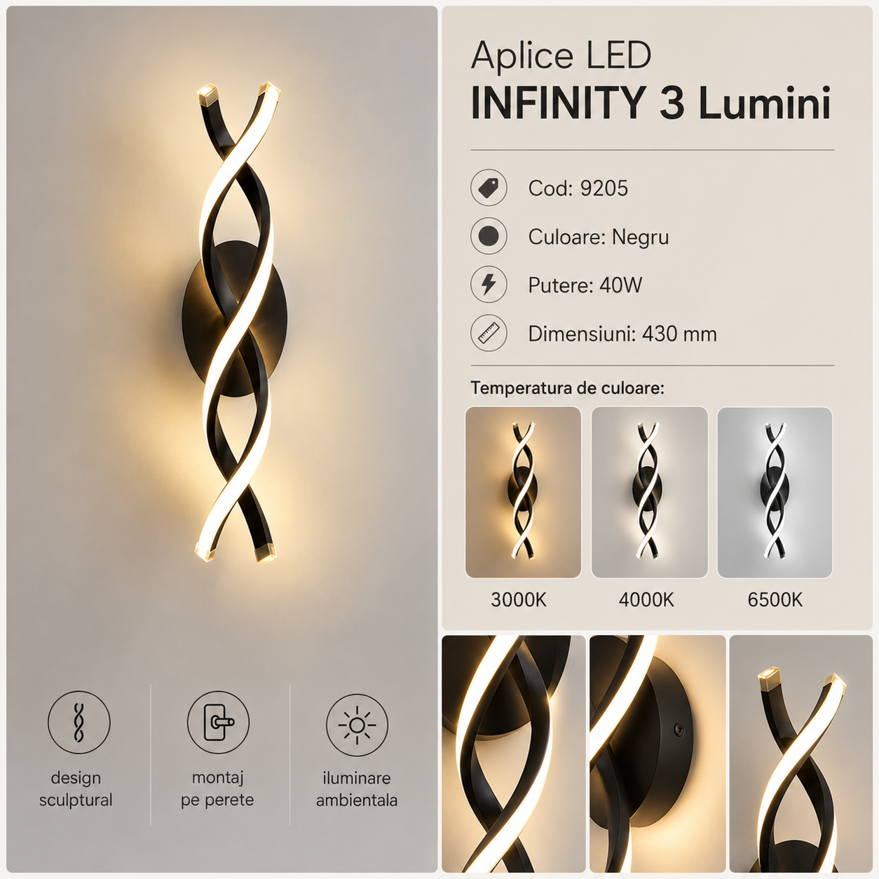 Aplica LED SPIRAL Black 3 Functii 43cm Echivalent 200W