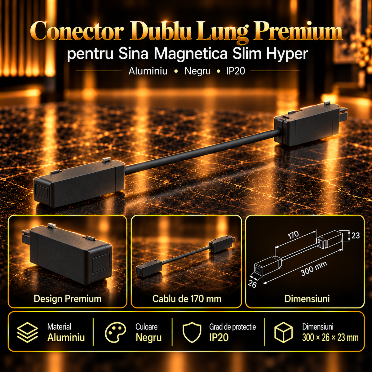Conector Dublu cu Cablu Lung Premium Black pentru Sina Magnetica Hyper