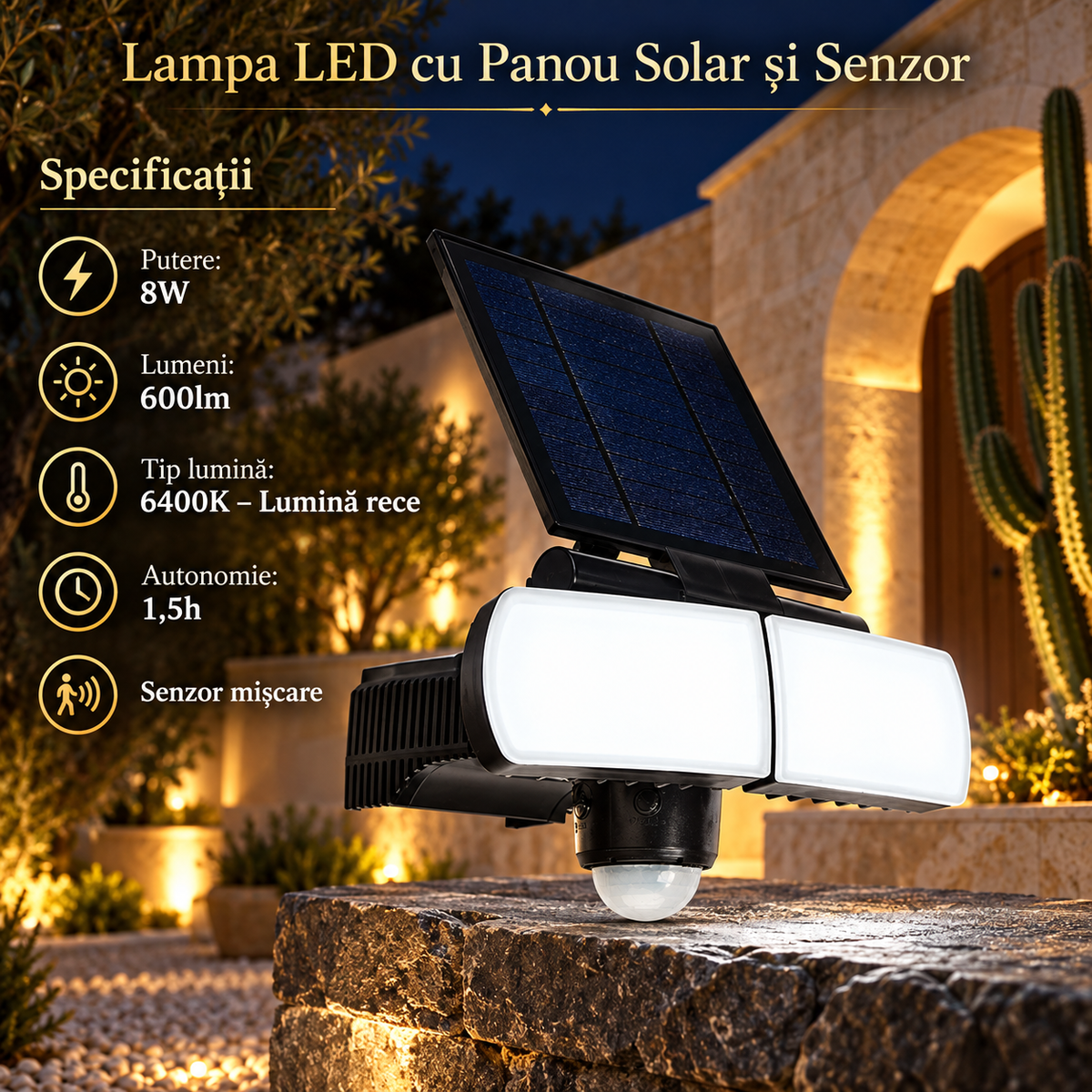 Lampa LED Solara Armor cu Panou Reglabil si Senzor 6400K