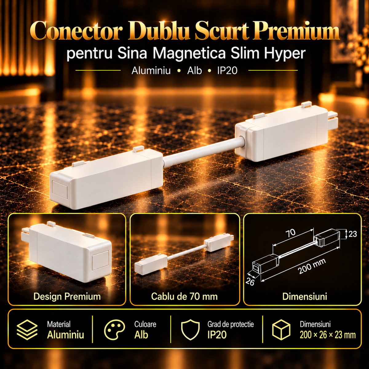 Conector Dublu cu Cablu Scurt Premium White pentru Sina Magnetica Hyper