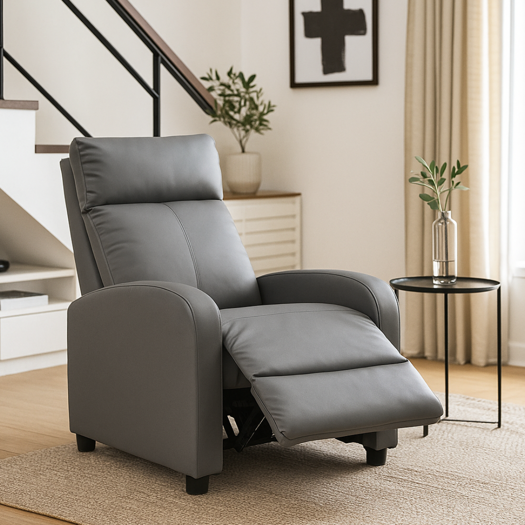 Fotoliu Recliner din Piele Ecologica Spatar Rabatabil si Suport Picioare Extensibil Gri